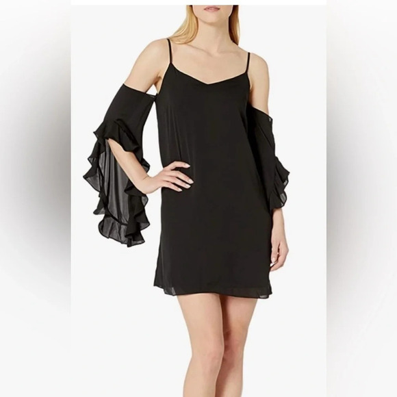 Amanda Uprichard Gianna Revolve Black Cold Shoulder Ruffle Sleeve Dress Size SM - Picture 1 of 7